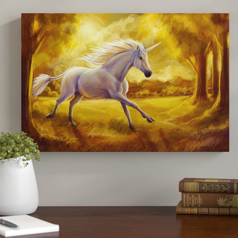 East Urban Home Unicorn In A Forest At Sunset Wall Art On Canvas Wayfair Co Uk