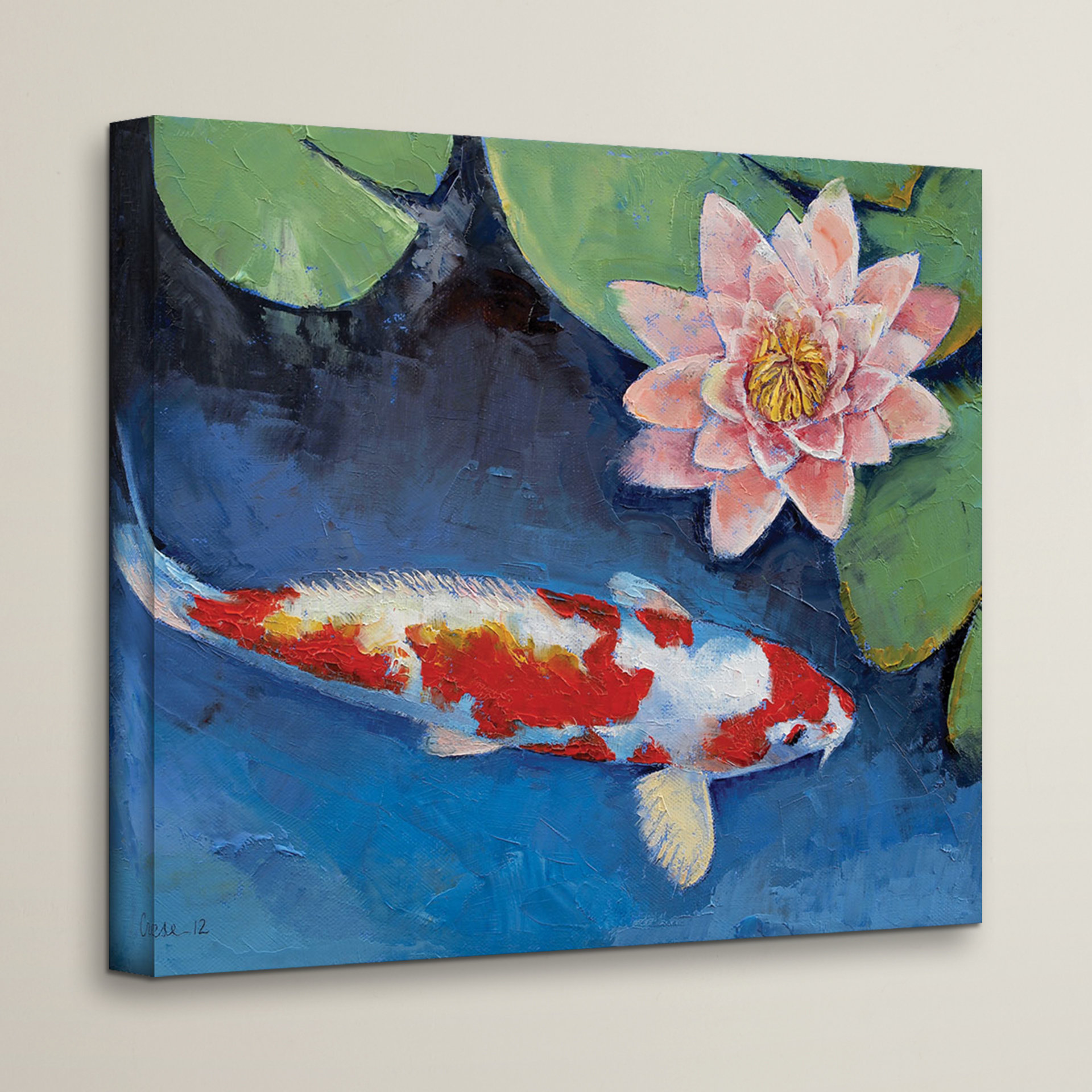Shipping Included Wraparound Canvas Home Decor Garden Getty Villa Malibu Canvas Koi Detail with Water LiliesGreen /& Yellow