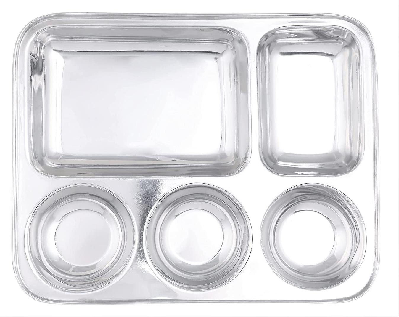 6 Pcs Stainless Steel  Round Compartment Tray/Thali/ Plate 4 or 5 compartments 