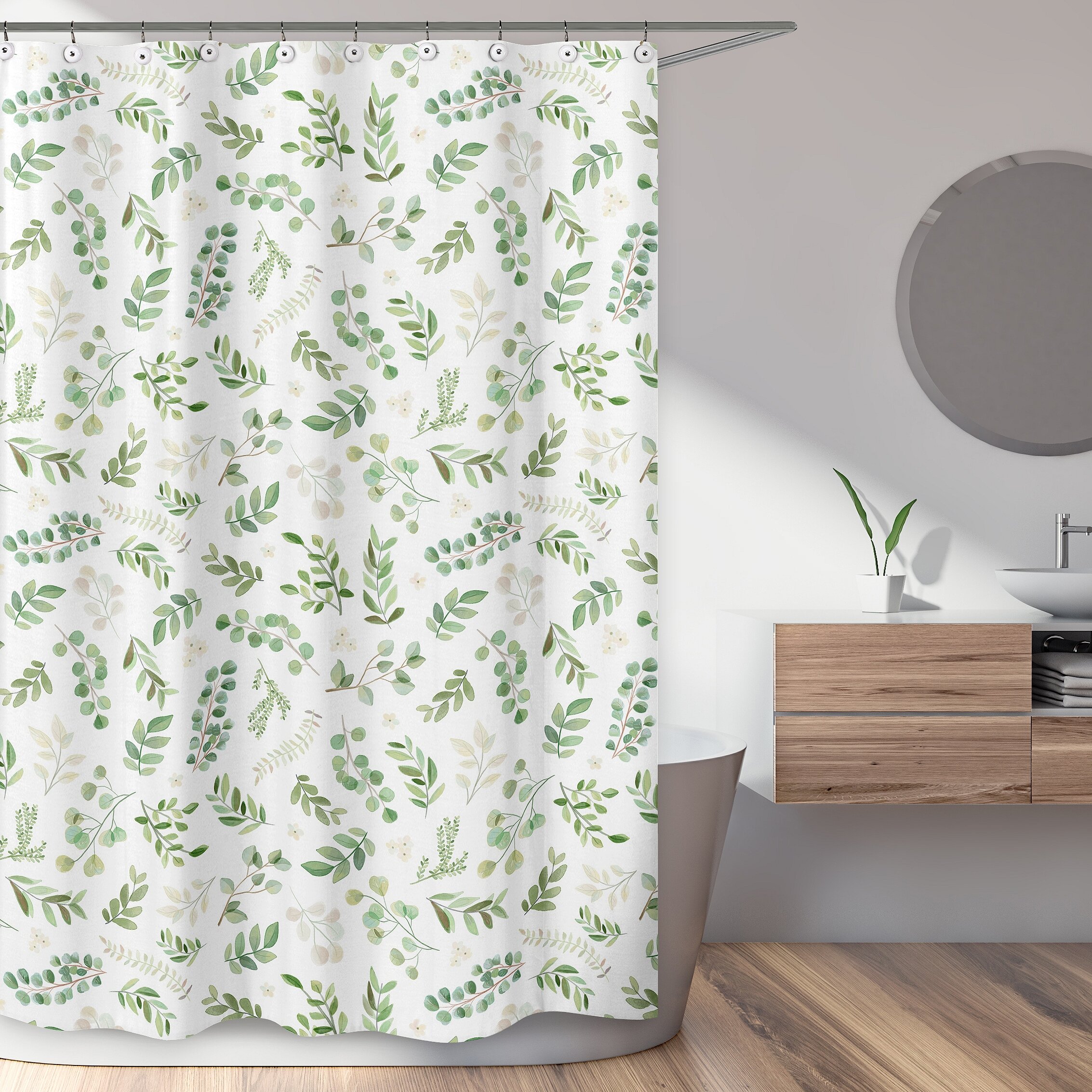 Details about   VCNY Fabric Shower Curtain Nature Watercolor Leaf Print Green White 