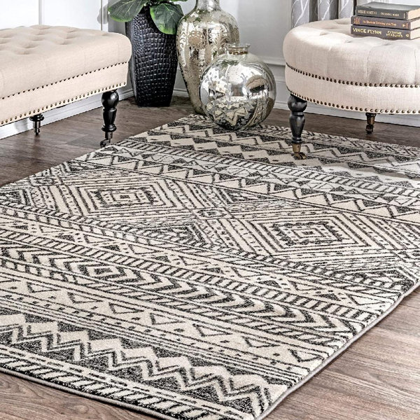 Grey Bordered Rugs for Living Room Tribal Patterned Silver Hallway Carpet Runner