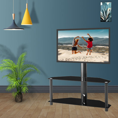 Height And Angle Adjustable MultiFunction Tempered Glass Metal Frame Floor TV Stand Baywell