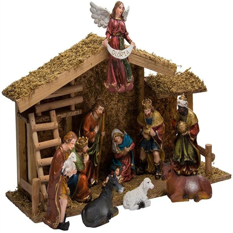 Melissa & Doug 12 PC Wooden Nativity Set Stable Mary Jesus Joseph Sheep for sale online 