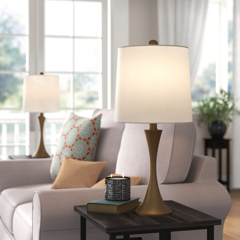 25" Table Lamps - 2 Pack Mid-Century Modern Lights with Metal Flared Trumpet Base - Includes Energy Efficient LED Light Bulbs Base Color: Bronze, Shade Color: Beige