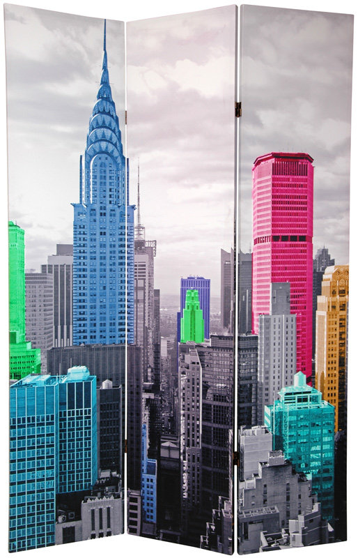 Oriental Furniture Colorful New York Scene 3 Panel Room Divider Colorful New York Scene 3 Panel Room Divider