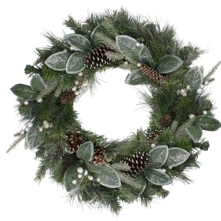 26CM Christmas Gold Pine & Berry Wreath white flowers Chic Home Hanging 