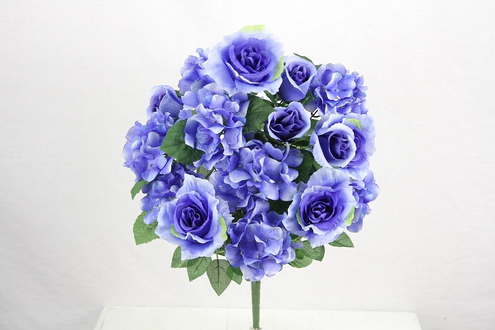 Blue GPB5323-BLUE Wedding and Office Decoration Arrangement Admired By Nature 18 Stems Artificial Full Blooming Rose and Hydrangea with Greenery for Home 