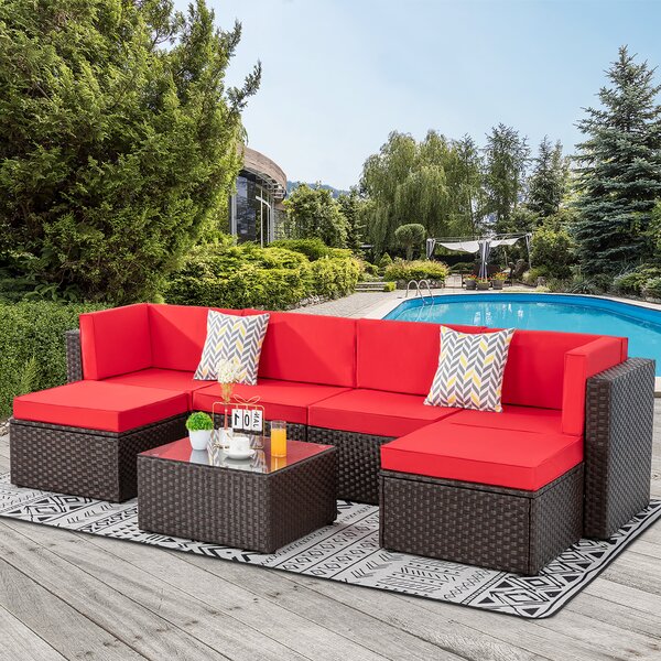 Excited Work 7 PCs Outdoor Patio Furniture Sets PE Rattan Wicker Sofa Sectional Furniture Set with 2 Pillows and Tea Table Red 