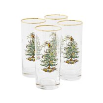Set of 4 Holiday Snow Christmas Village Scene Highball Water Glasses 