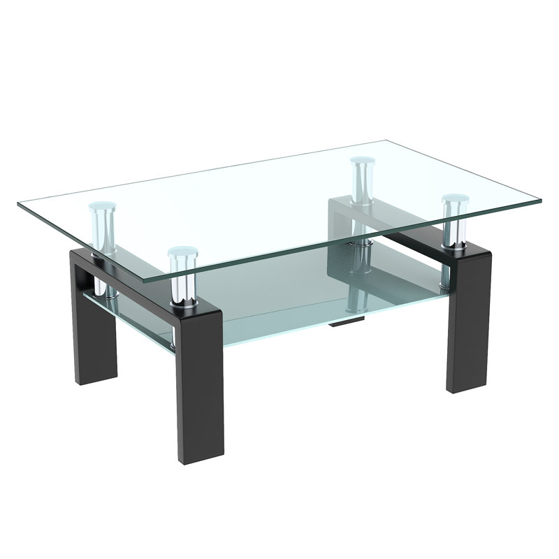 Orren Ellis Coffee Table Rectangle Glass Modern Coffee Table With Shelf Wood Legs Suit For Living Room Living Room Furniture Waiting Area Table Black Wayfair Ca