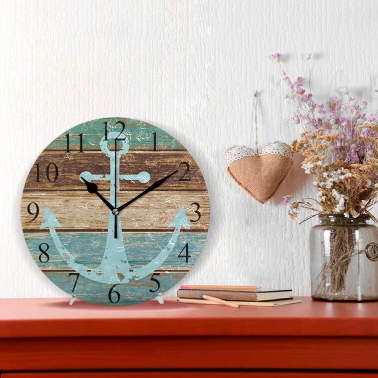 Vintage Wooden Decorative Anchor Decorative Wall Clocks Battery Operated 10 Inch Round Silent Non Ticking for Living Room Bedroom Home Decor