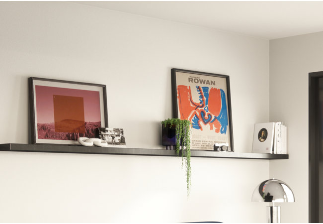 Picture of long wall shelf with books, two art prints, and one trailing houseplant on top.