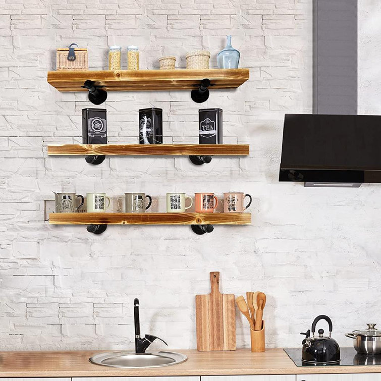 Industrial Pipe Wood Floating Shelves With Wall Mounted-Rustic Wooden Wall  Book Shelf Set Of 3 For Bathroom,Bedroom,Kitchen,Farmhouse,Living Room