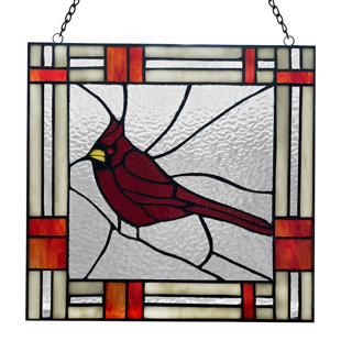 Red Northern Cardinal Songbird Stained Glass Window Panel