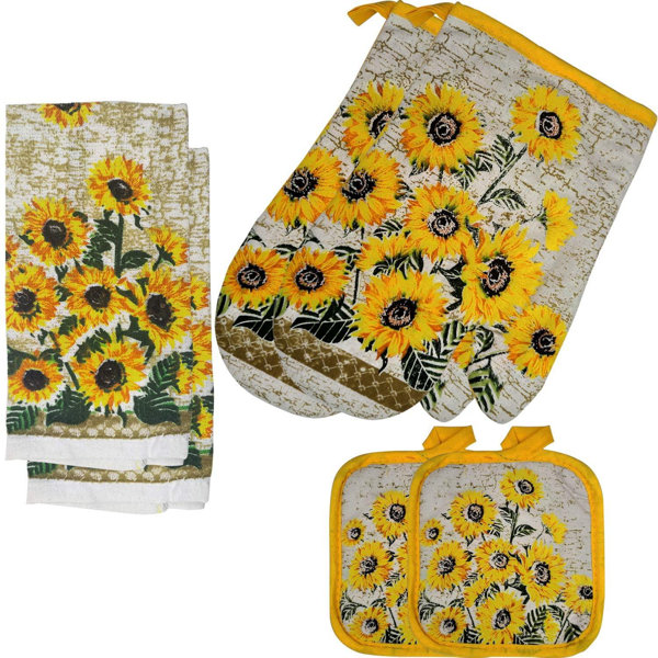 5pc KITCHEN SET:2 POT HOLDERS,1 OVEN MITT & 2 TOWELS,SUNFLOWER'S POSTCARD,br,VP 