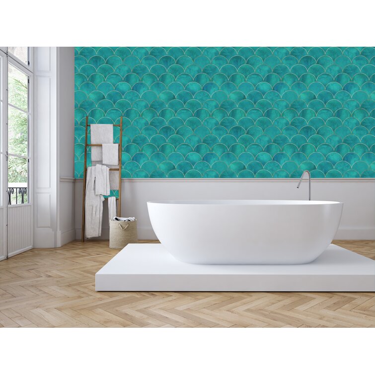 Peel-and-Stick Removable Wallpaper Mermaid Scales Fish Scalloped Coral Teal