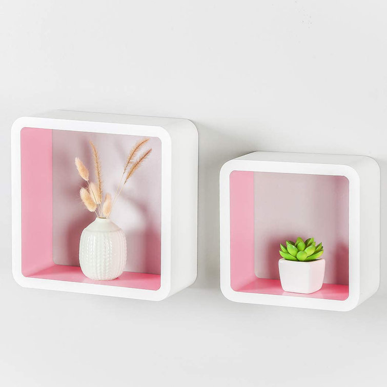 Brayden Studio Set Of 2 Cube Floating Shelves Wood Wall Shelves For Home Decoration Storage Display Rack White Pink Wayfair