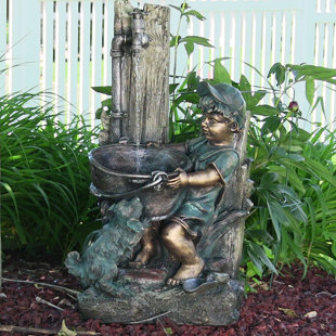Water Fountain With Dog Wayfair Jeniffer Resin Fibergl Boy And Dog Fetching Water Outdoor Fountain With Led Light