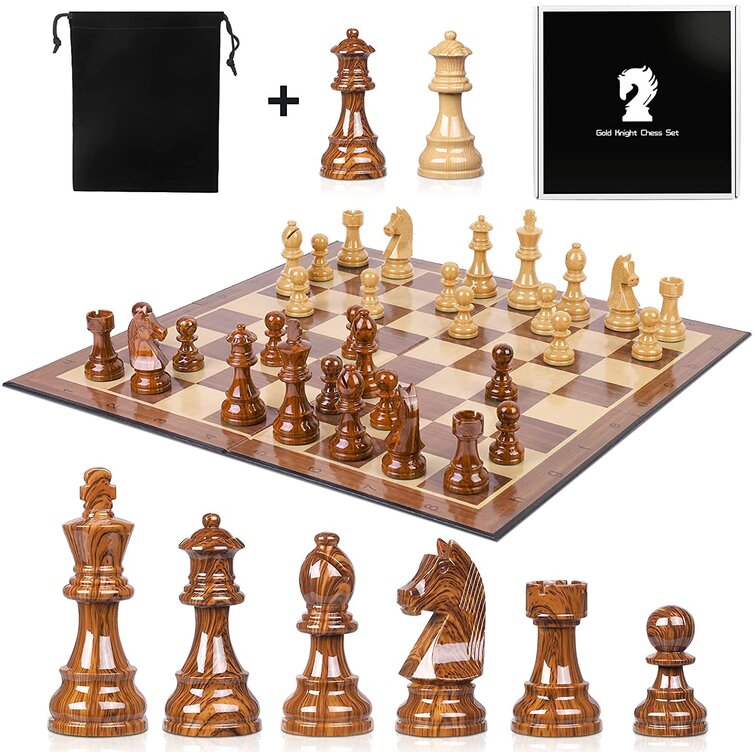 Inlaid Walnut Style Wood Chess Set Wood Pieces in Drawers 9.5 x 9.5 inches