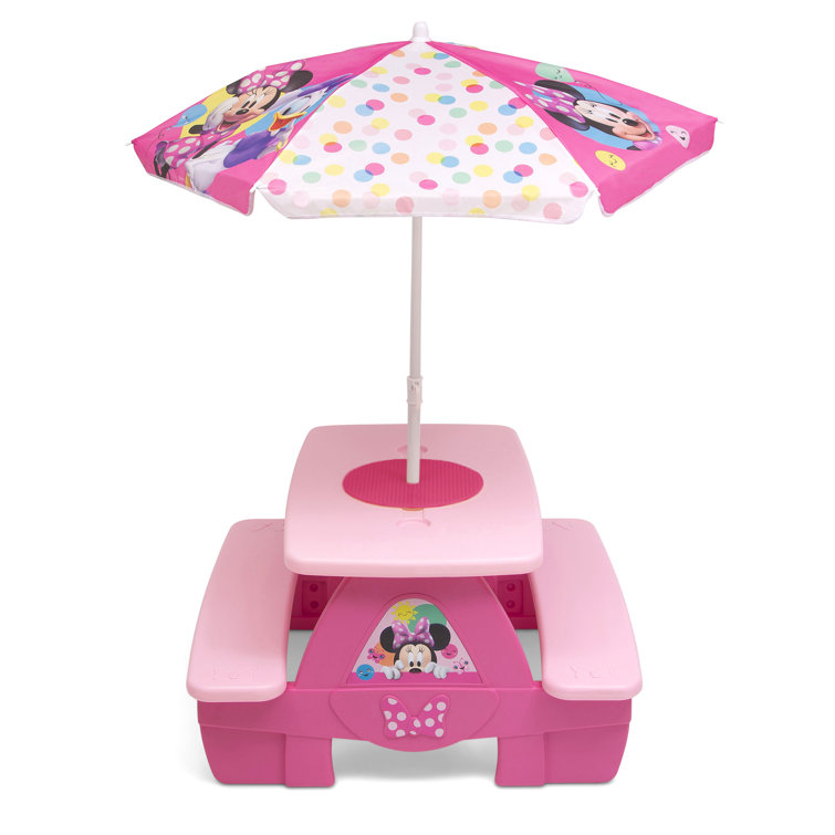 Delta Children 4 Seat Activity Picnic Table with Umbrella and Lego Compatible Tabletop Disney Minnie Mouse Minnie Mouse & Deluxe Toy Box 