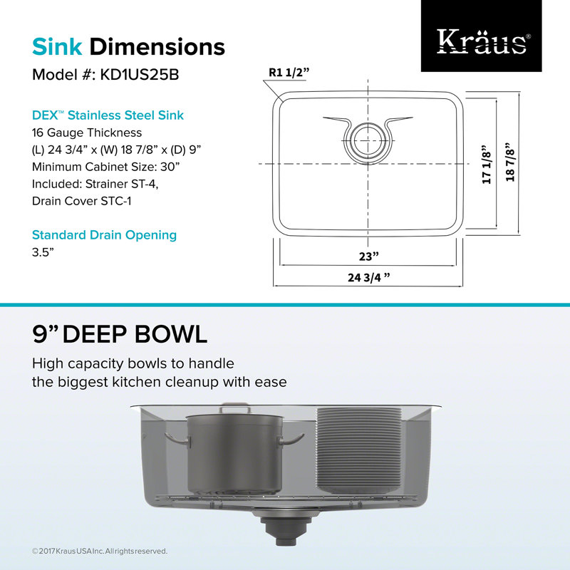 Dex Series 25 X 19 Undermount Kitchen Sink
