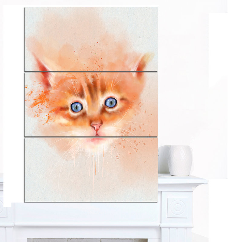 Designart Cute Brown Cat Watercolor 3 Piece Painting Print On