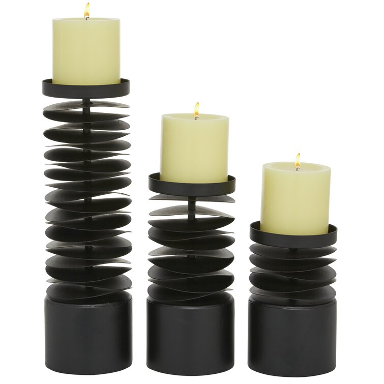 3 URBAN ABSTRACT METALLIC SILVER COIL PILLAR CANDLE HOLDERS AGED WHITE CANDLES