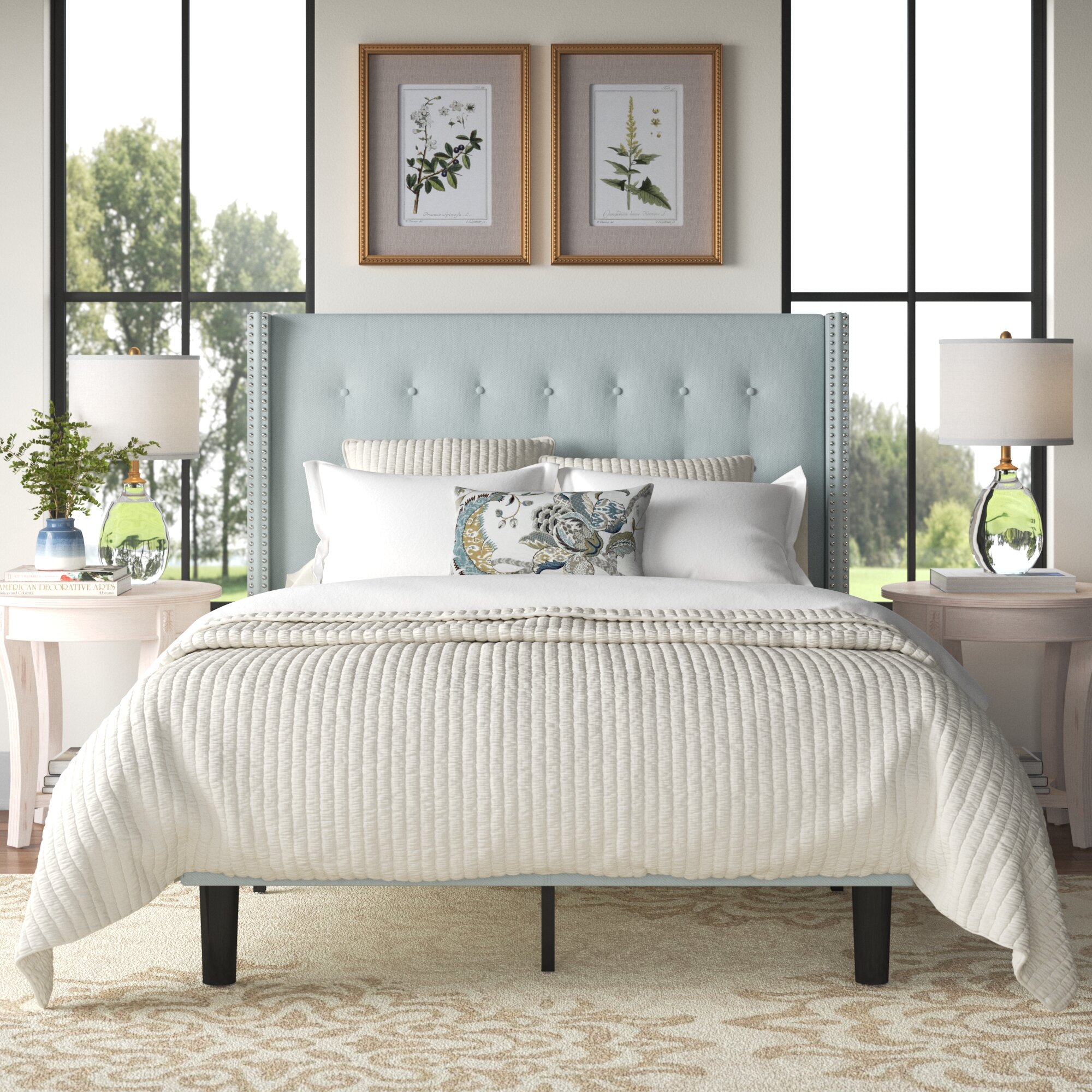 Platform Upholstered Gray Bed With Nailhead Frame Headboard King Queen Full Twin 