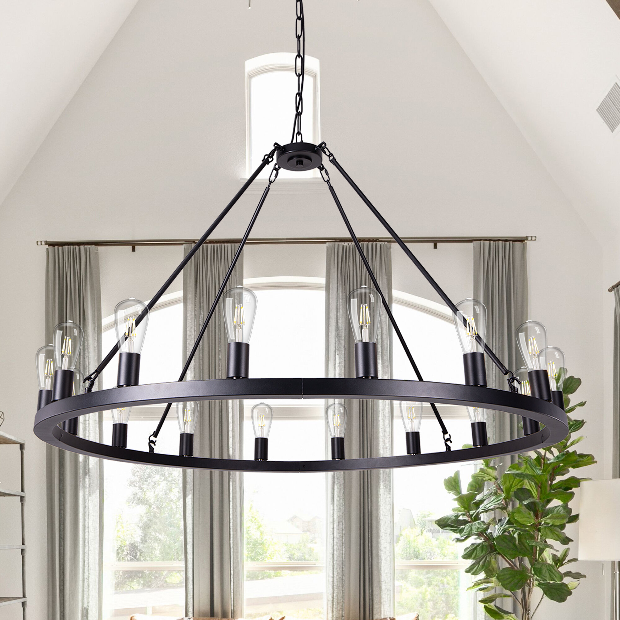 Kitchen Island Farmhouse Industrial Country Style Large Round Pendant Light Fixture for Dining Room Wellmet 12-Light Black Wagon Wheel Chandelier Diam 38 inch