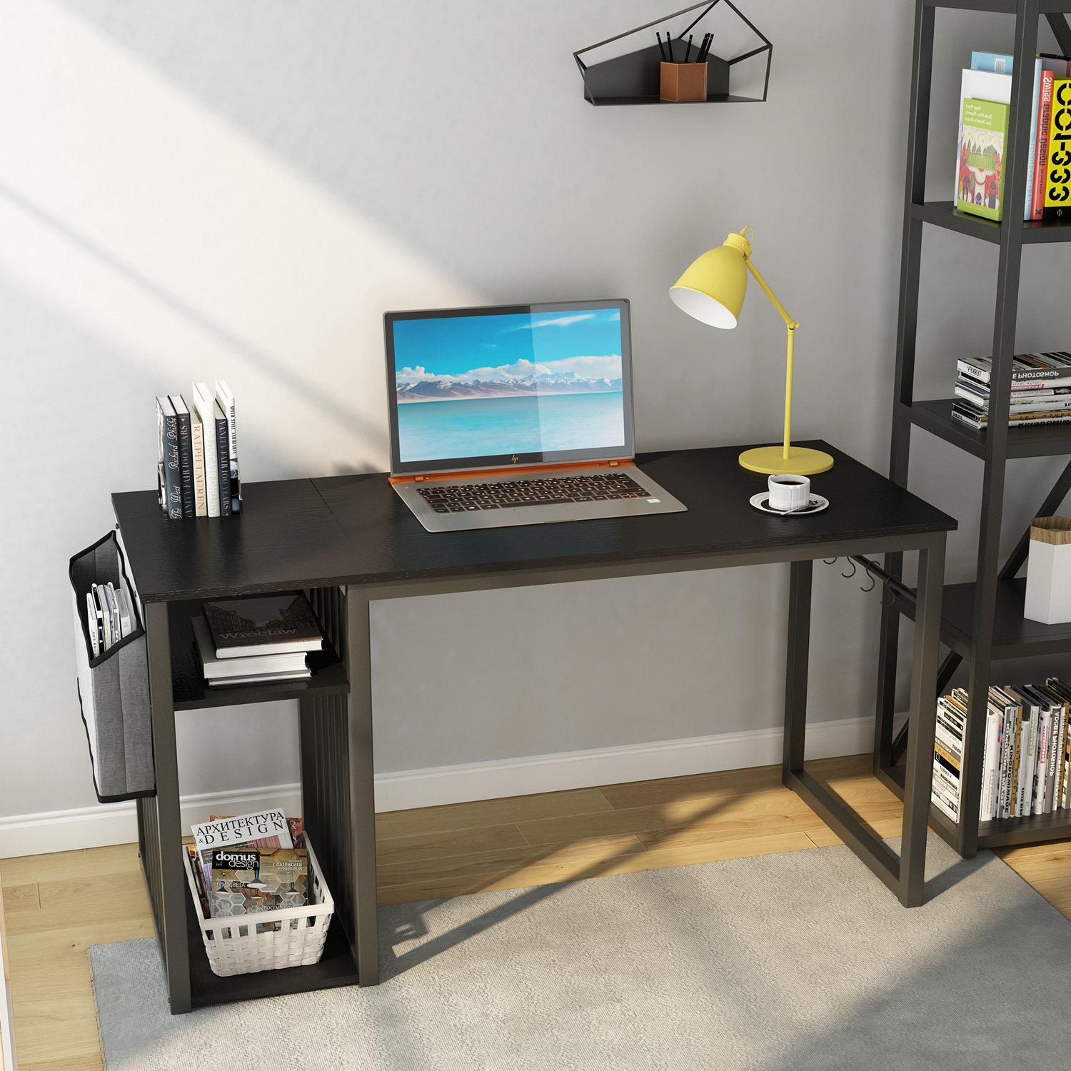 17 Stories Modern Home Office Desk Industrial Computer Desk With Side Bag Storage Shelves And Iron Hook Work Table Study Writing Table Gaming Desk Workstation For Small Spaces Wayfair