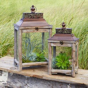 2 Piece Wood/Metal/Glass Lantern Set