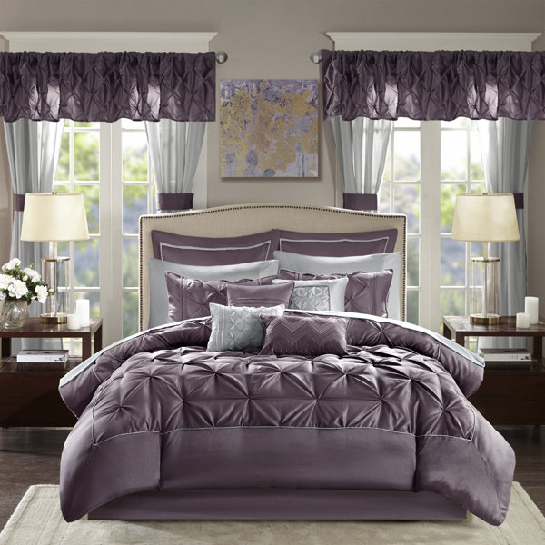 3 Piece Faux Silk Quilted Bedspread;Bedding Sets With Matching Ring Top Curtains 