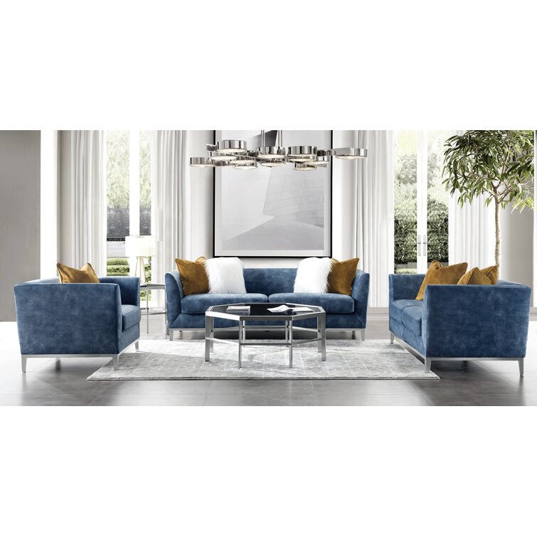 Reading Haze Blue Comfy Mid-Century Modern Armchair for Bedroom Acanva Accent Velvet Sofa Chair Living Room with Solid Wood Legs