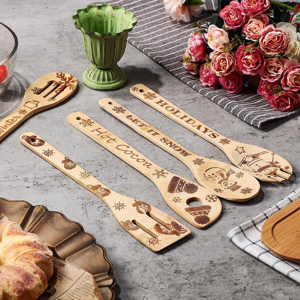 Burned Wooden Spoons Sets Nightmare Bamboo Cooking Utensils Wooden Spatulas Kitchen Tools Embossing and Engraved Pattern Great Housewarming Kitchen Gift