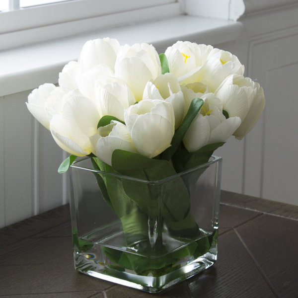 Artificial Flower Arrangement White Tulips And Bulbs In Glass