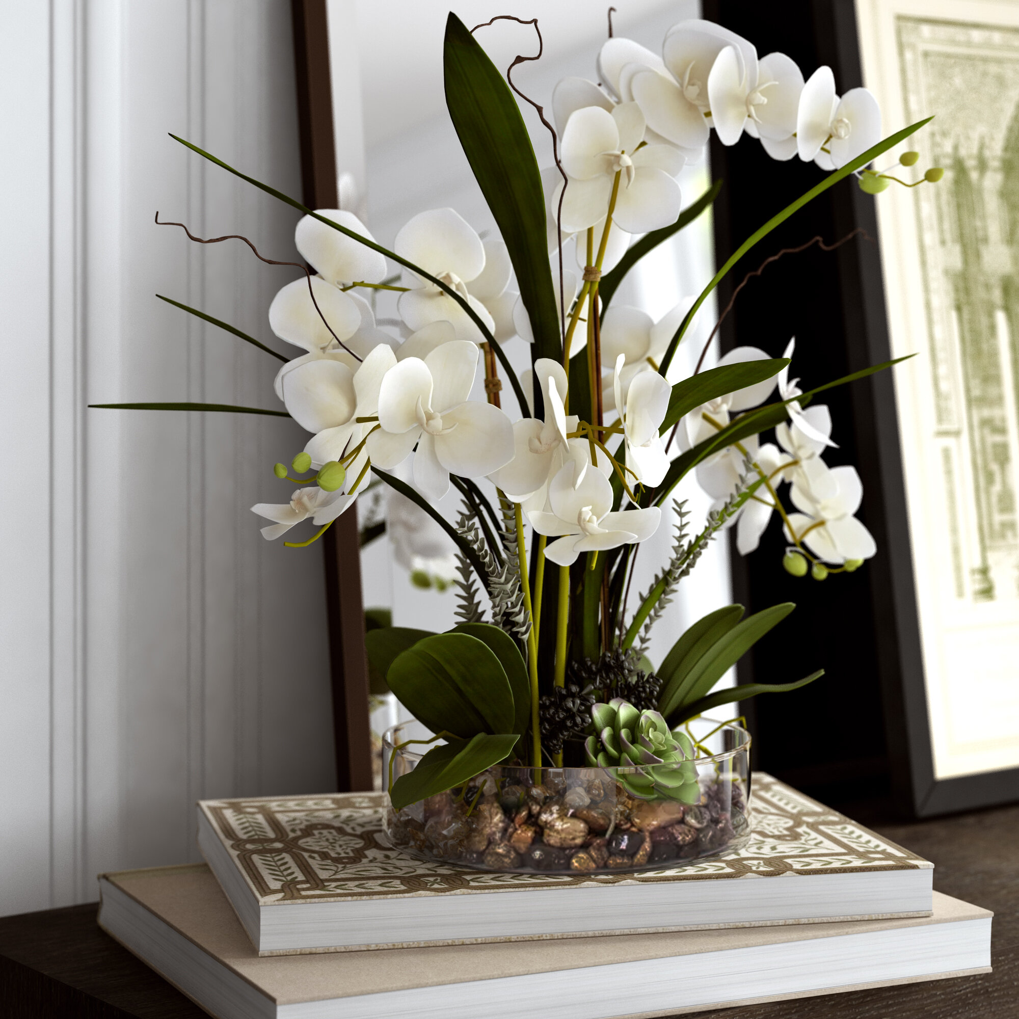 SB19 Realistic Artificial Flower Table Decor Orchid in Round Pot Indoor House. 