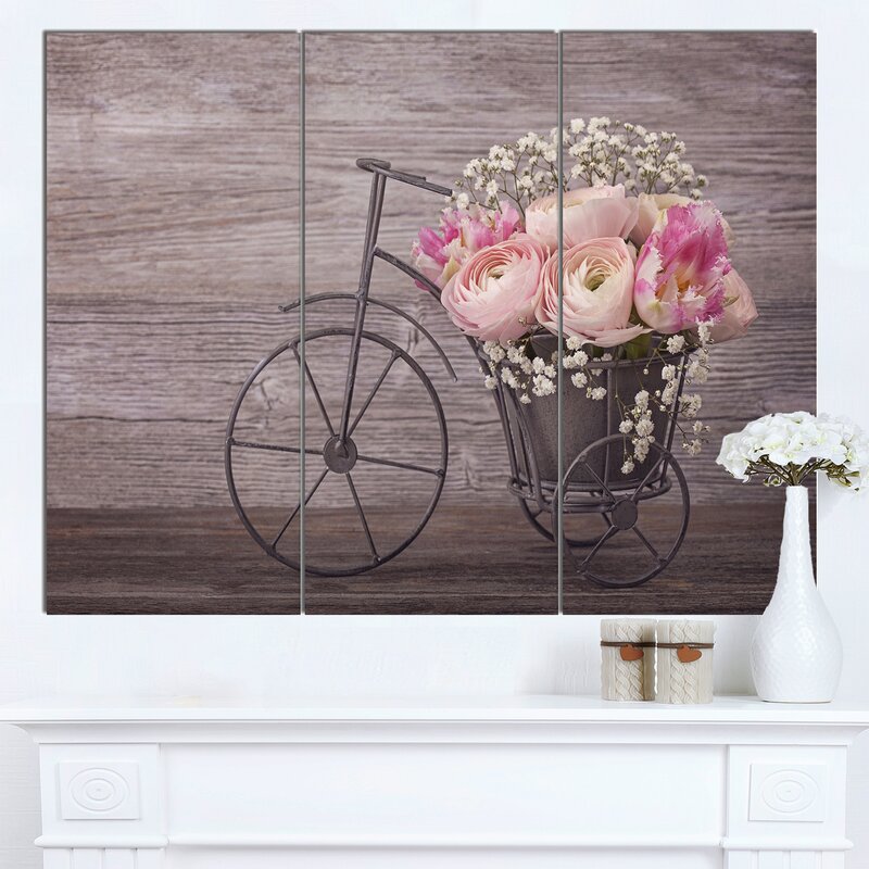 'Ranunculus Flowers on Bicycle' 3 Piece Wall Art on Wrapped Canvas Set