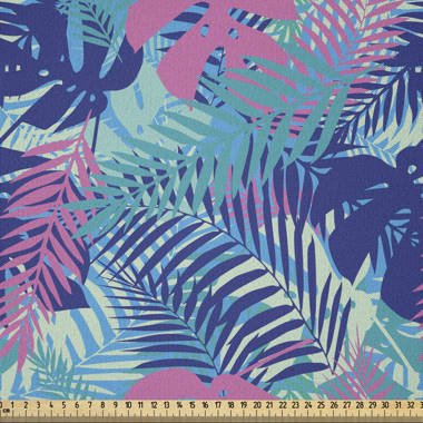 Turquoise Background Tropical Leaf Pattern Digital Printed Fabric