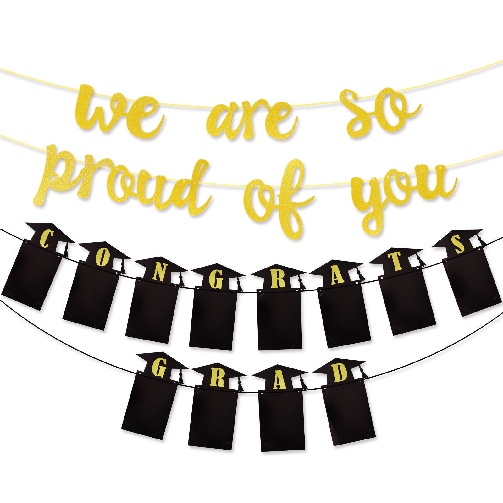 Set of 4 Graduation Banners Gold Glitter We are so Proud of You Black Congrats Grad and Done Signs Congrats Pre-Strung Decorations Supplies for Kindergarten Primary Seniors High School Prom College 