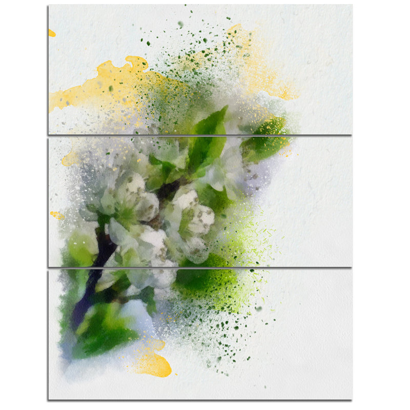 Designart Cherry Branch With Leaves And Flowers 3 Piece Painting