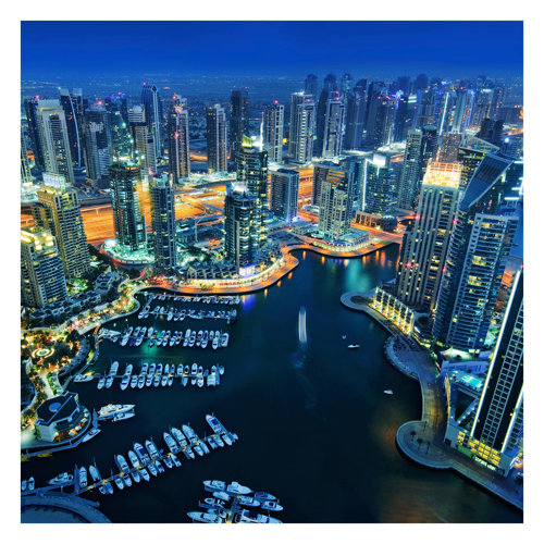 Dubai Marina at Night 3.36m x 3.36m Textured Matte Peel & Stick Wall Mural East Urban Home