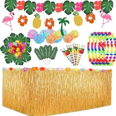Whaline 78Pcs Hawaiian Party Decoration Set Palm Leaves Hibiscus Pineapple Table Centerpiece 3 Design Cake Toppers Leis Luau Flower Bracelet Necklace Table Skirt for Summer Pool Beach Party Decor