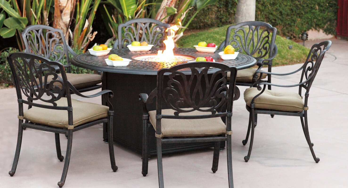 Lebanon 7 Piece Dining Set with Cushions and Firepit