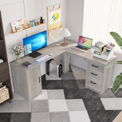 Arpan 60" L-Shaped Executive Desk with Drawers, Wood Home Office Corner Desk with Storage Cabinet