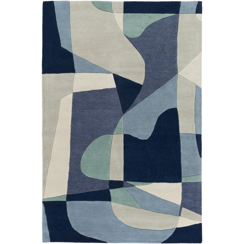 Ebern Designs Dewald Geometric HandTufted Wool Teal/Navy Area Rug