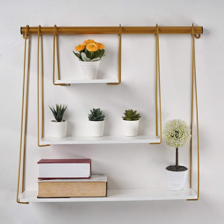 Wall-Mounted 4-Tier Modern White Wood Shelf with Gold Metal Brackets Display Wall Shelf Storage Rack for Office Living Room Bedroom Kitchen