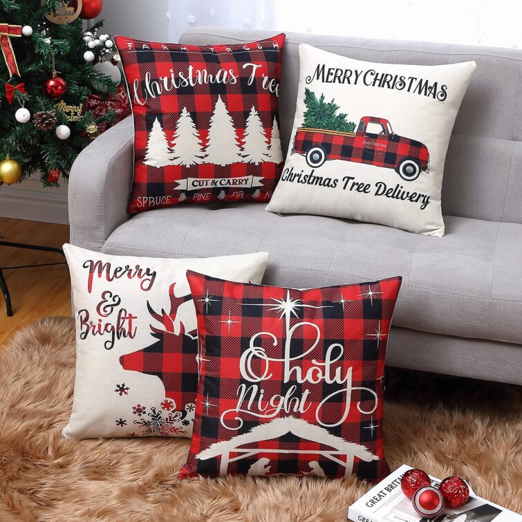 Pillow Christmas Covers 18 x 18 Inches Set of 4 Decorative Cushion Cotton Linen
