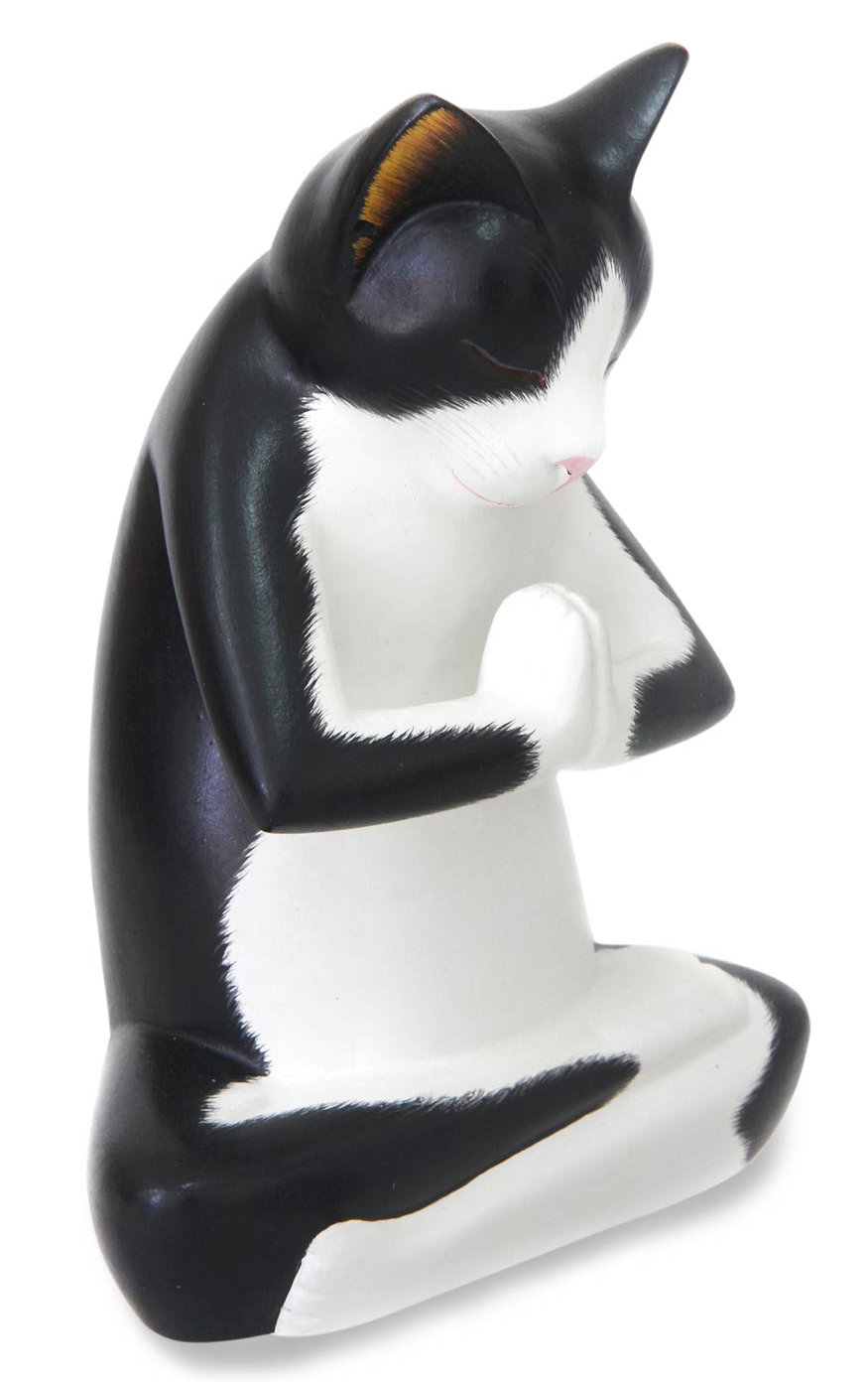 Wood Cat Sculpture Signed Hand Carved 'Tuxedo Kitty Meditates' NOVICA