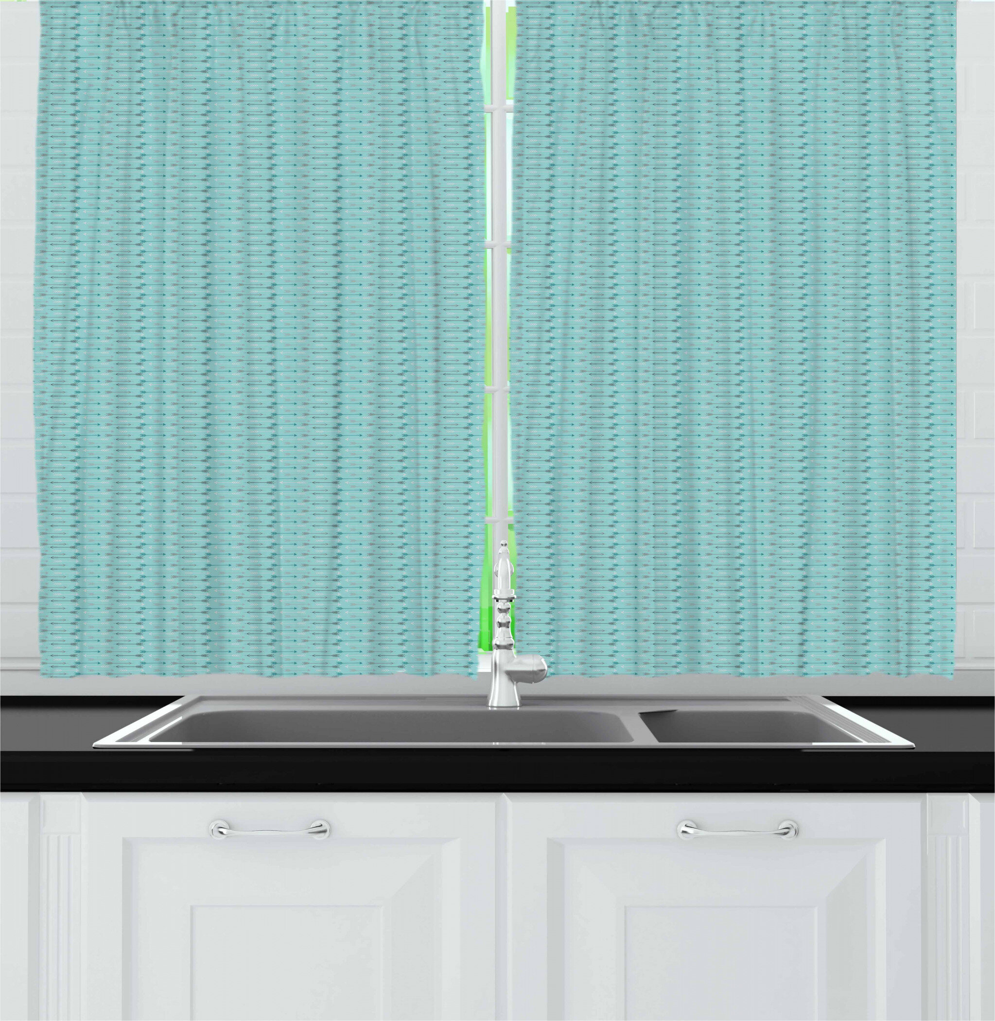 East Urban Home Striped Pointed 55 Kitchen Curtain In Teal Wayfair