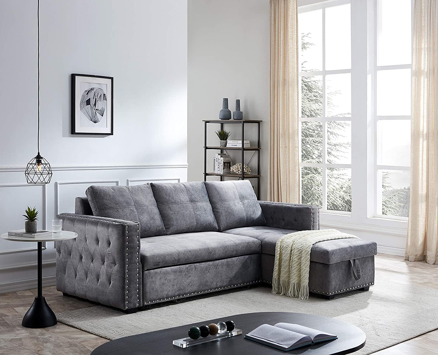 91.5 inch MAFOROB Reversible Sleeper Sectional Sofa with Pull Out Bed L-Shape 3 Seat Couch with Storage Chaise Gray 